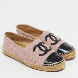 Pre Owned Chanel Pink/Black Tweed and Patent  CC Cap Toe Espadrilles Size 37