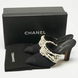 Pre Owned Chanel Black Canvas CC Cap Toe Pearl Embellished Mules Size 37.5