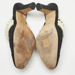 Pre Owned Chanel Black Canvas CC Cap Toe Pearl Embellished Mules Size 37.5