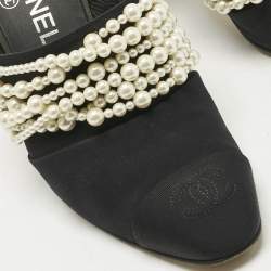 Pre Owned Chanel Black Canvas CC Cap Toe Pearl Embellished Mules Size 37.5