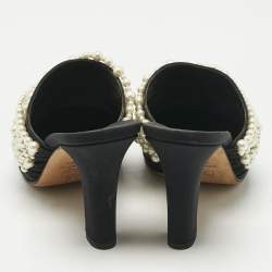 Pre Owned Chanel Black Canvas CC Cap Toe Pearl Embellished Mules Size 37.5