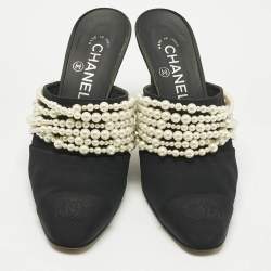 Pre Owned Chanel Black Canvas CC Cap Toe Pearl Embellished Mules Size 37.5