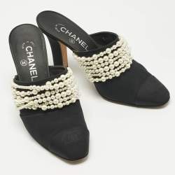 Pre Owned Chanel Black Canvas CC Cap Toe Pearl Embellished Mules Size 37.5