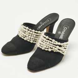 Pre Owned Chanel Black Canvas CC Cap Toe Pearl Embellished Mules Size 37.5