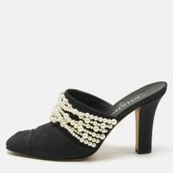 Pre Owned Chanel Black Canvas CC Cap Toe Pearl Embellished Mules Size 37.5
