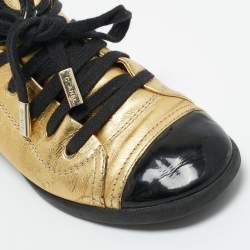 Pre Owned Chanel Gold/Black Patent And Leather Cap Toe Lace Up Sneakers Size 37
