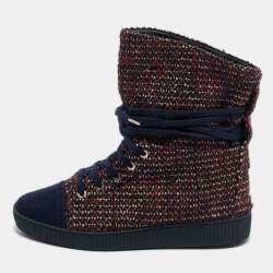 Pre Owned Chanel Multicolor Tweed Lace Wrap  Ankle Boots Size 37.5