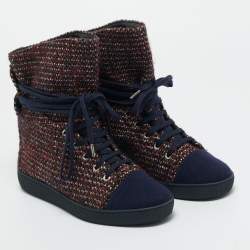 Pre Owned Chanel Multicolor Tweed Lace Wrap Ankle Boots Size 37.5