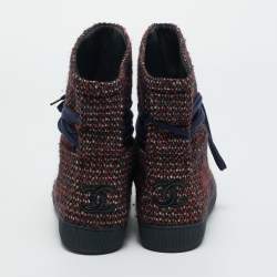 Pre Owned Chanel Multicolor Tweed Lace Wrap Ankle Boots Size 37.5