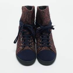 Pre Owned Chanel Multicolor Tweed Lace Wrap Ankle Boots Size 37.5