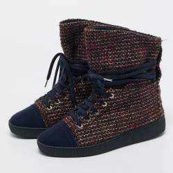 Pre Owned Chanel Multicolor Tweed Lace Wrap Ankle Boots Size 37.5