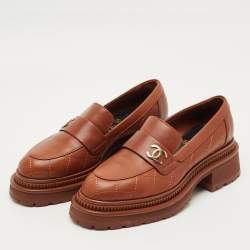 Pre Owned Chanel Brown Leather CC Loafers Size 36