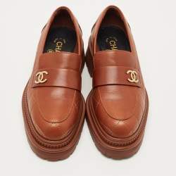 Pre Owned Chanel Brown Leather CC Loafers Size 36