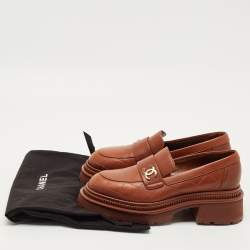 Pre Owned Chanel Brown Leather CC Loafers Size 36
