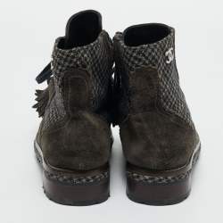 Pre Owned Chanel Grey Suede and Tweed CC Logo Ankle Length Boots Size 36