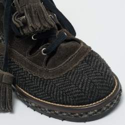 Pre Owned Chanel Grey Suede and Tweed CC Logo Ankle Length Boots Size 36