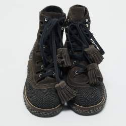 Pre Owned Chanel Grey Suede and Tweed CC Logo Ankle Length Boots Size 36