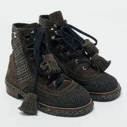 Pre Owned Chanel Grey Suede and Tweed CC Logo Ankle Length Boots Size 36
