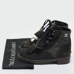 Pre Owned Chanel Grey Suede and Tweed CC Logo Ankle Length Boots Size 36