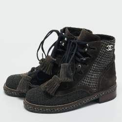 Pre Owned Chanel Grey Suede and Tweed CC Logo Ankle Length Boots Size 36