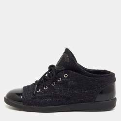 Pre Owned Chanel Black Patent Leather and Shimmer Tweed CC Cap Toe Lace Up Sneakers Size 36