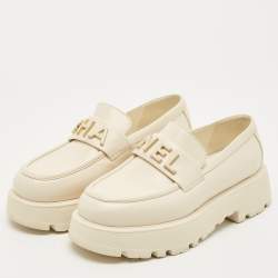 Pre Owned Chanel Cream Leather Logo Slip On Loafers Size 36.5