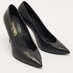 Pre Owned Chanel Black Leather Cap Toe CC Pearl Embellished Heels Pumps Size 39