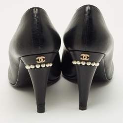 Pre Owned Chanel Black Leather Cap Toe CC Pearl Embellished Heels Pumps Size 39