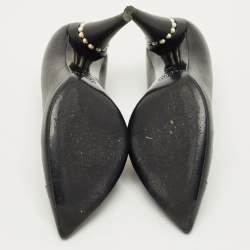 Pre Owned Chanel Black Leather Cap Toe CC Pearl Embellished Heels Pumps Size 39