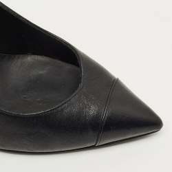 Pre Owned Chanel Black Leather Cap Toe CC Pearl Embellished Heels Pumps Size 39