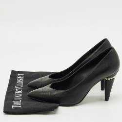 Pre Owned Chanel Black Leather Cap Toe CC Pearl Embellished Heels Pumps Size 39