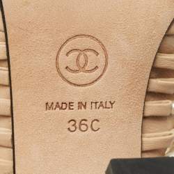 Pre Owned Chanel Beige/Black Leather CC Cap Toe Pearl Embellished Mules Size 36