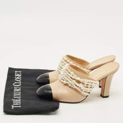 Pre Owned Chanel Beige/Black Leather CC Cap Toe Pearl Embellished Mules Size 36