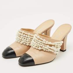Pre Owned Chanel Beige/Black Leather CC Cap Toe Pearl Embellished Mules Size 36
