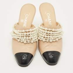 Pre Owned Chanel Beige/Black Leather CC Cap Toe Pearl Embellished Mules Size 36