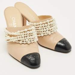 Pre Owned Chanel Beige/Black Leather CC Cap Toe Pearl Embellished Mules Size 36