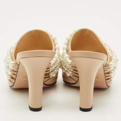 Pre Owned Chanel Beige/Black Leather CC Cap Toe Pearl Embellished Mules Size 36