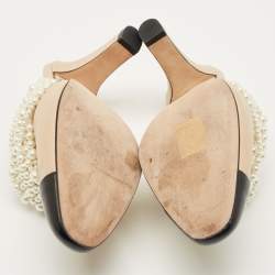 Pre Owned Chanel Beige/Black Leather CC Cap Toe Pearl Embellished Mules Size 36