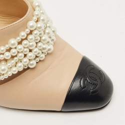Pre Owned Chanel Beige/Black Leather CC Cap Toe Pearl Embellished Mules Size 36