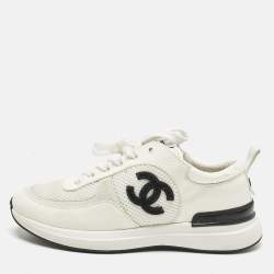 Pre Owned Chanel White/Grey Leather and Mesh CC Lace Up Sneakers Size 36.5