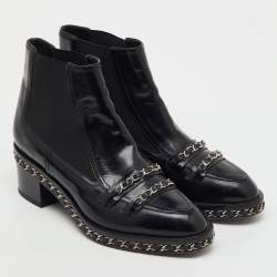 Pre Owned Chanel Black Patent Leather Interlaced Chain Ankle Boots Size 38