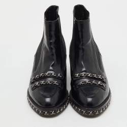 Pre Owned Chanel Black Patent Leather Interlaced Chain Ankle Boots Size 38