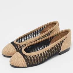 Pre Owned Chanel Beige/Black Knit Fabric and  Mesh CC Ballet Flats Size 38