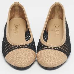 Pre Owned Chanel Beige/Black Knit Fabric and  Mesh CC Ballet Flats Size 38