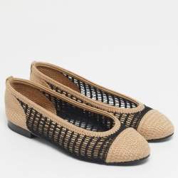 Pre Owned Chanel Beige/Black Knit Fabric and  Mesh CC Ballet Flats Size 38