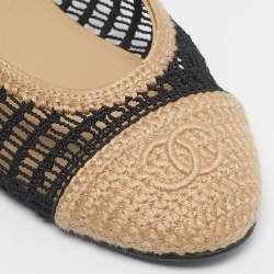 Pre Owned Chanel Beige/Black Knit Fabric and  Mesh CC Ballet Flats Size 38
