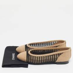 Pre Owned Chanel Beige/Black Knit Fabric and  Mesh CC Ballet Flats Size 38