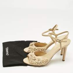 Pre Owned Chanel Beige Leather Camelia Ankle Strap Sandals Size 41