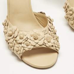 Pre Owned Chanel Beige Leather Camelia Ankle Strap Sandals Size 41