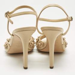 Pre Owned Chanel Beige Leather Camelia Ankle Strap Sandals Size 41